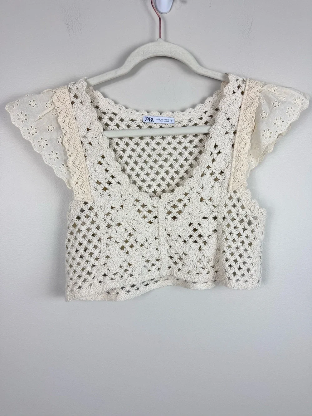 Zara Crochet Lace Crop Top Small Cream Boho Festival Rave Cottage Coastal Beach